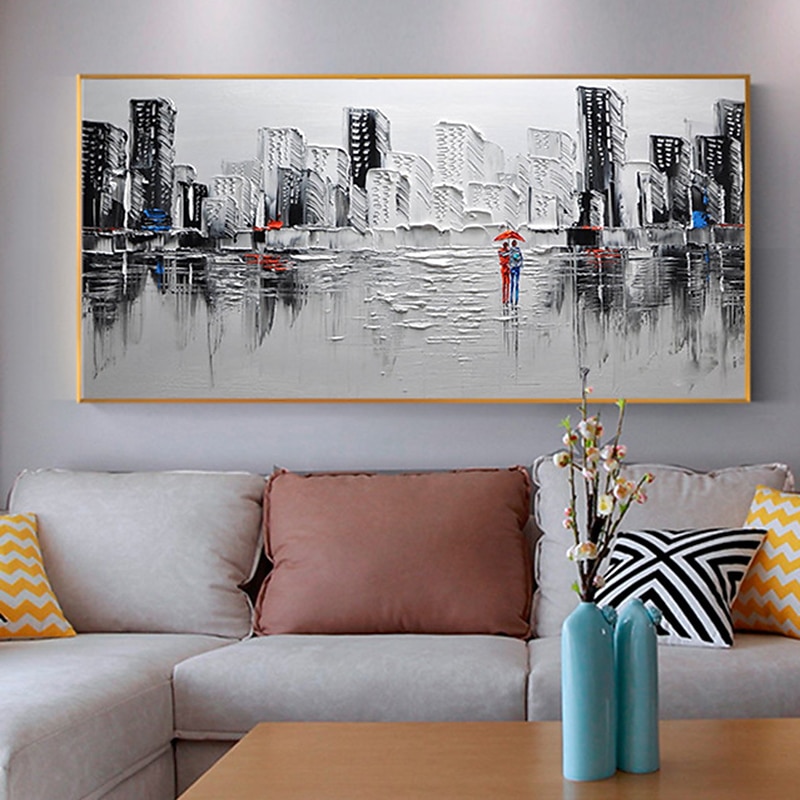 Oil Painting Handmade Hand Painted Wall Art On Canvas Horizontal Panoramic City People Abstract Modern Home Decoration Decor Rolled Canvas No Frame Unstretched