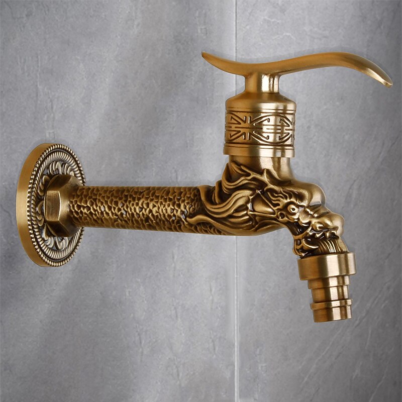 Outdoor Faucet,Single Handle Bathroom Faucet Goldon Dragon Head Wall Mounted One Hole Retro Brass Faucet Body With Cold Water Only - Main Image