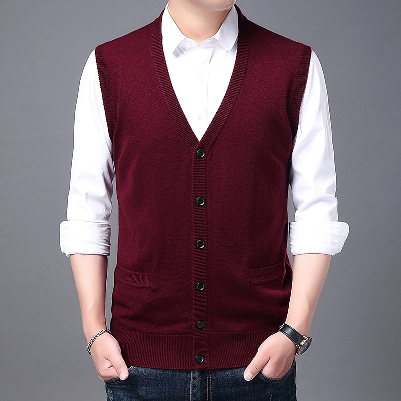 Men's Sweater Vest Wool Sweater Cardigan Knit Knitted Braided Solid Color Deep V Basic Soft Daily Weekend Clothing Apparel Spring Fall Wine Navy Blue M L XL3
