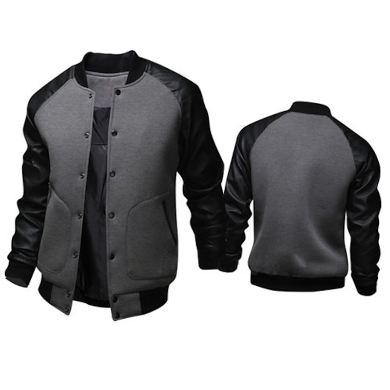 Men's Bomber Jacket Transition Jacket Varsity Jacket Training Vacation Leather Sleeved Spring Fall Solid Color Basic Regular Black White Light Grey Dark Gray Jacket4