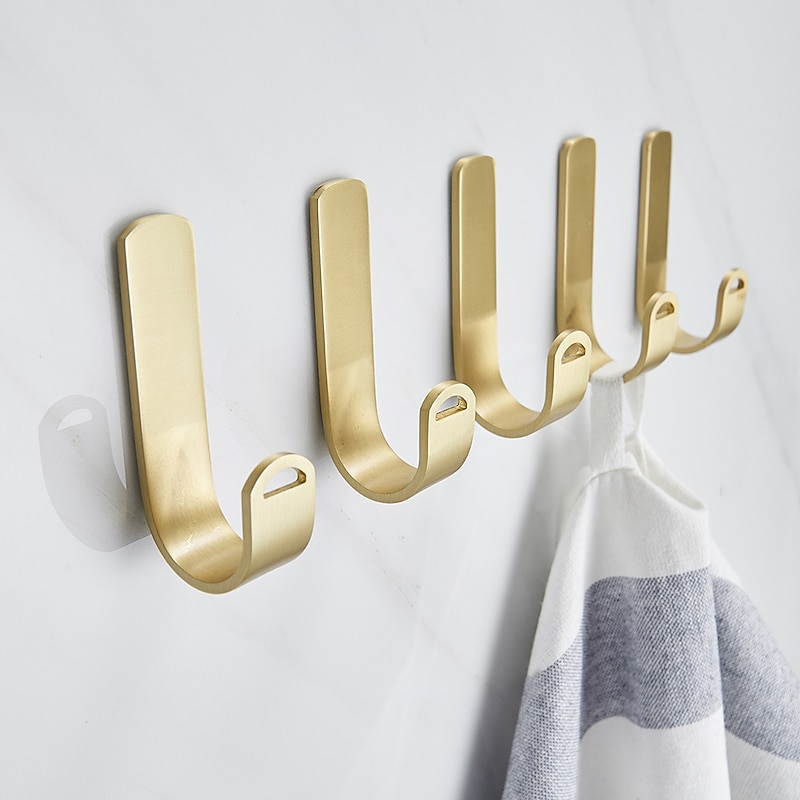 5PCS Robe Hook Brass Self Adhesive Brushed Golden Wall Mounted Hook For Bathroom/Kitchen3