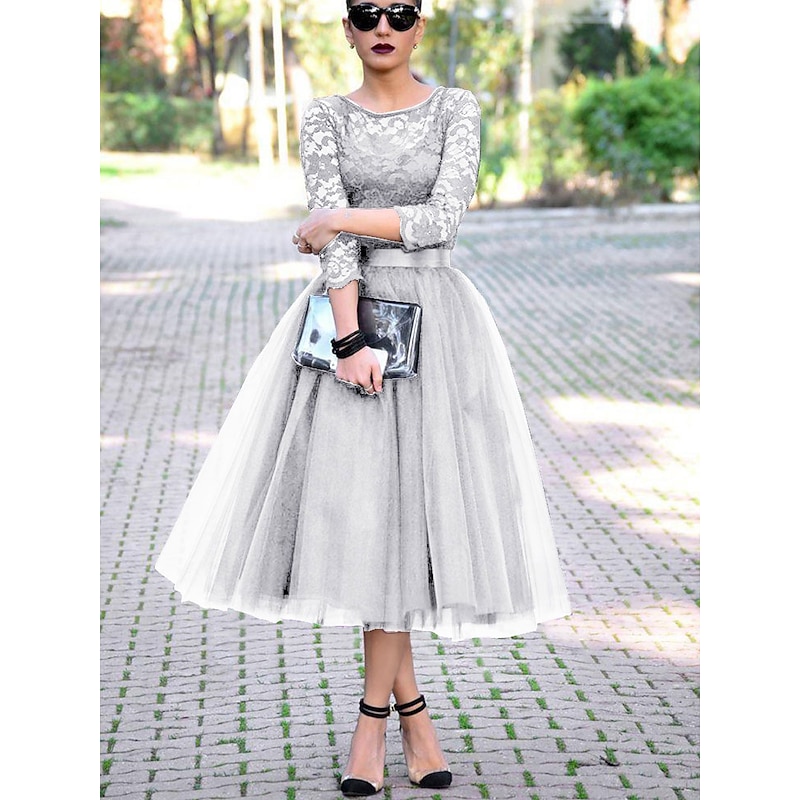 A-Line Cocktail Dresses Elegant Dress  Ankle Length 3/4 Length Sleeve Jewel Neck Fall Wedding Guest Tulle with Pleats Lace Insert Dresses4