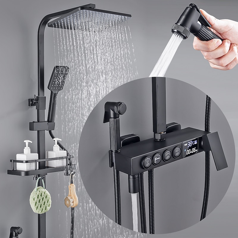 Shower Faucet with LED Display Thermostatic Mixer valve Set Handshower Included Pullout/Shelf Rainfall Shower Electroplated Mount Outside Ceramic Valve Bath Shower Mixer Taps