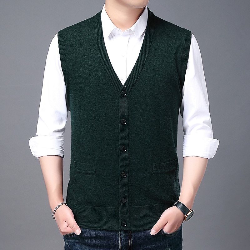 Men's Sweater Vest Wool Sweater Cardigan Knit Knitted Braided Solid Color Deep V Basic Soft Daily Weekend Clothing Apparel Spring Fall Wine Navy Blue M L XL4