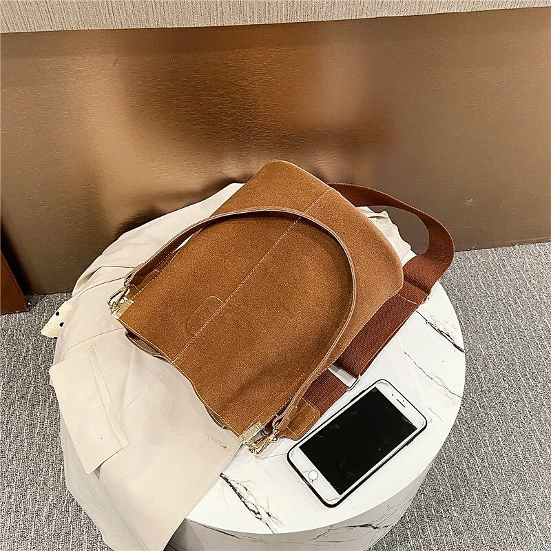 Women's Suede Bucket Bag with Adjustable Strap – Casual Vintage Shoulder Handbag with Pouch for Daily Use and Travel4