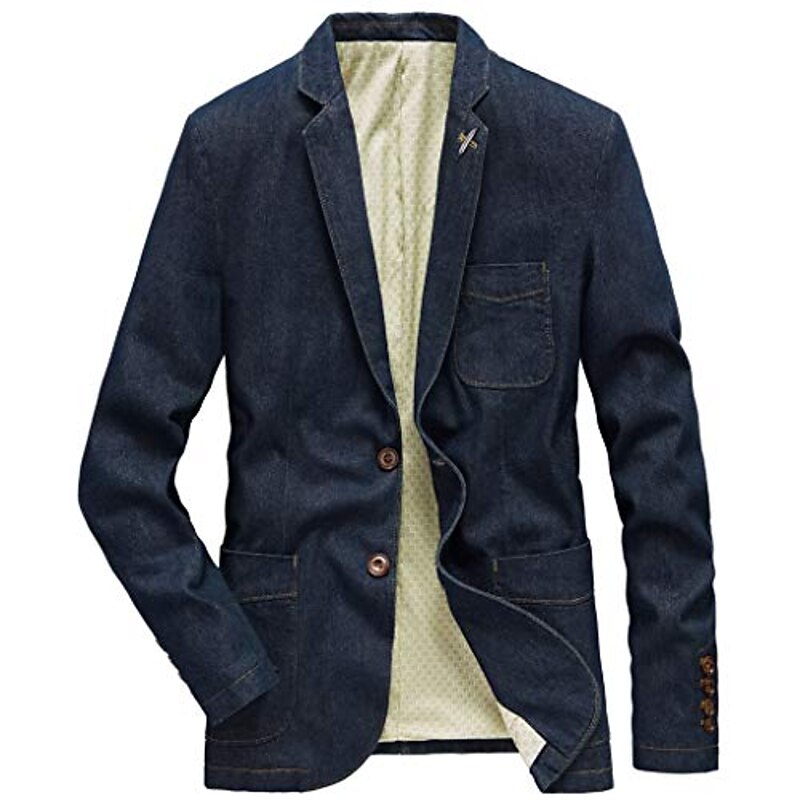 Men's Jacket Denim Jacket Jean Jacket Blazer Business Cocktail Attire Solid Colored V Neck Cotton Regular Fit Denim Blue Vintage blue Black Jacket