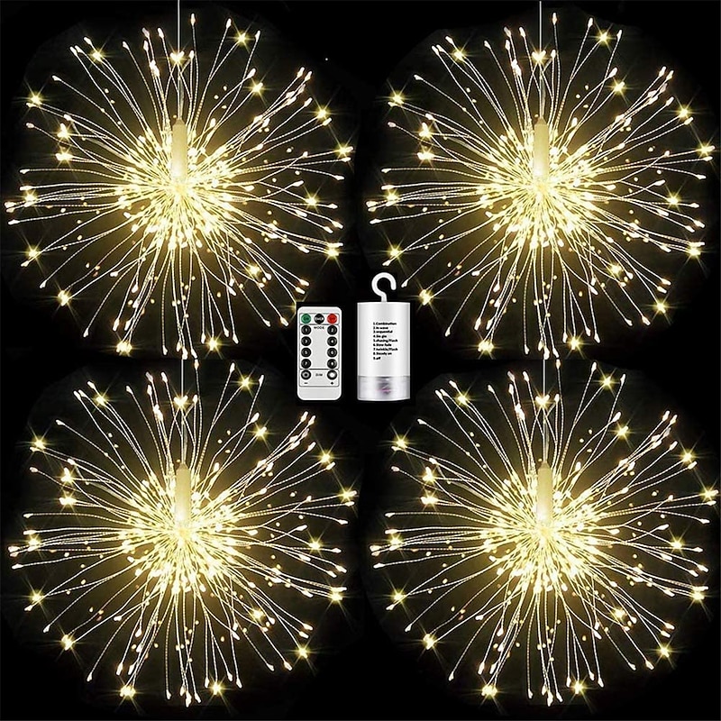 Firework Lights 150 LED Starburst Lights Copper Wire Lights 8 Modes Battery Operated Fairy Lights with Remote Warm White Hanging Christmas Lights for Party Patio Bedroom Decoration