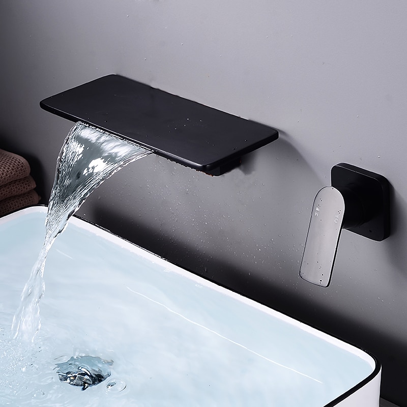 Wall Mount Bathroom Sink Mixer Faucet Brass, Waterfall Basin Taps Wall Mounted Single Handle One Hole Tap with Hot and Cold Hose Black White Electroplated3
