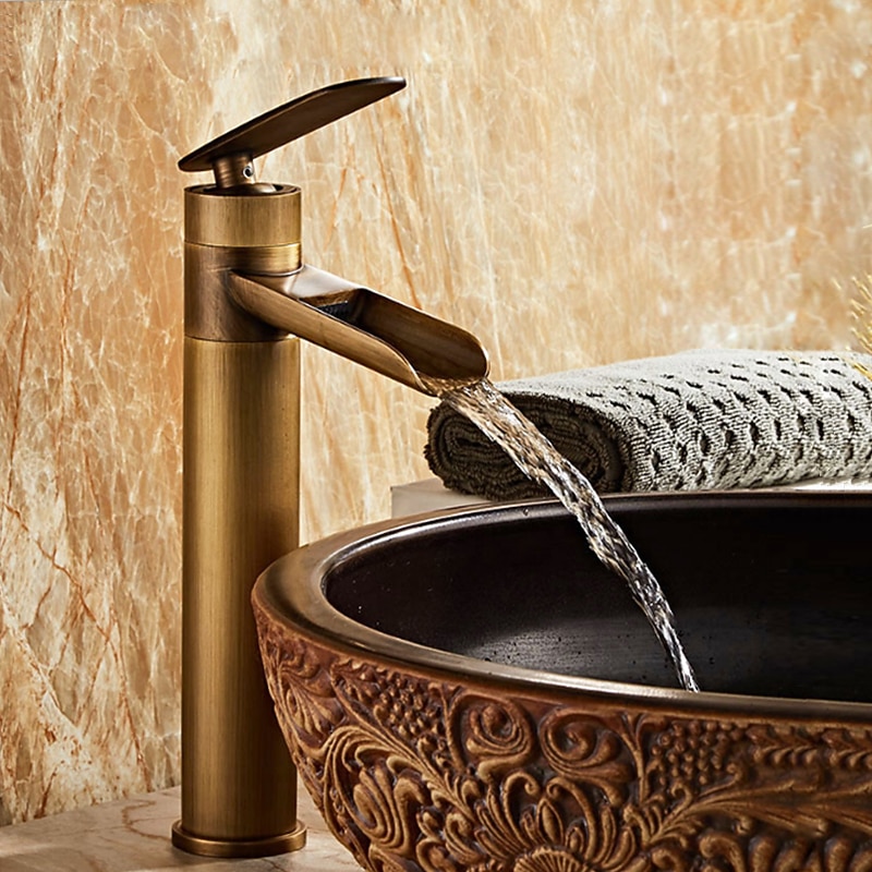 Waterfall Bathroom Sink Mixer Faucet Tall, Antique Brass Single Handle Basin Taps with Cold and Hot Hose2