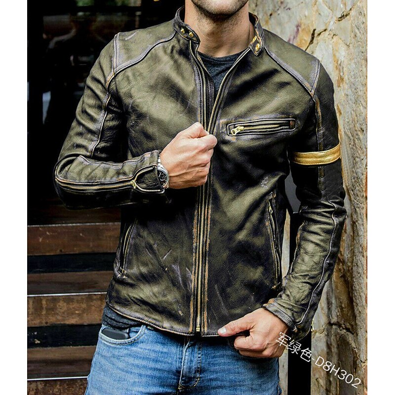 Men's Faux Leather Jacket Transition Jacket Biker Jacket Vintage Leather Jacket Streetwear Thermal Warm Rain Waterproof Vintage Style Spring Fall Winter Chic & Modern ArmyGreen Wine Navy Blue khaki2