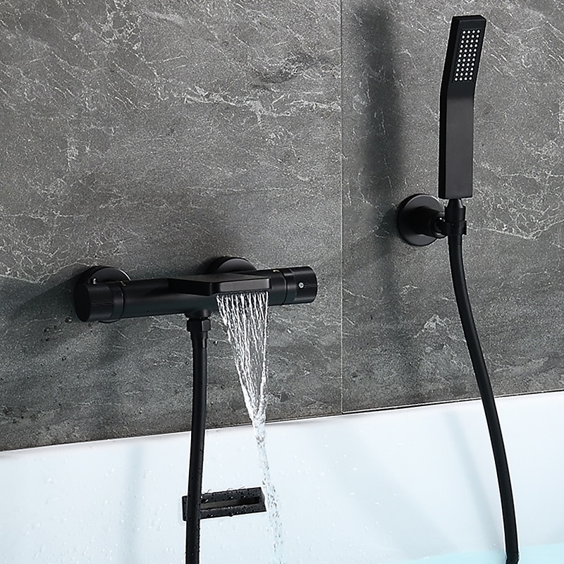 Free Standing Bathtub Faucet Thermostatic Black Painted Finishes Rotatable Shower Seat Waterfall and Spray Mode Bath Shower Mixer Taps with Hot and Cold Water