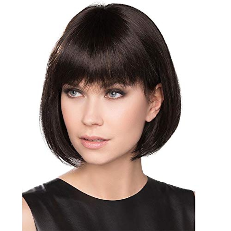 Straight Bob Neat Bang Machine Made Wig Short Photo Color Synthetic Hair Women's Dark Brown3