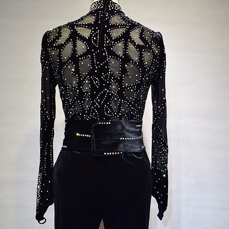 Figure Skating Dress Women's Girls' Ice Skating Dress Outfits Black Spandex High Elasticity Training Competition Skating Wear Handmade Solid Color Crystal / Rhinestone Long Sleeve Ice Skating Winter3