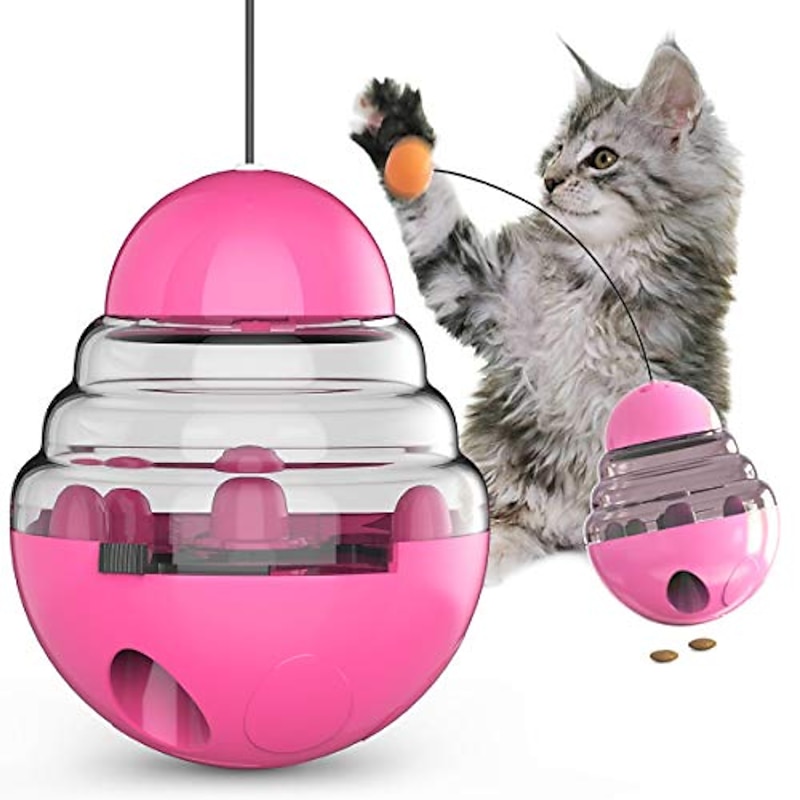 interactive funny cat toys, 3 in 1 treat feeder ball with automatic spinning tumbler, cat feather wand and food dispenser for kitten cat funny exercise chaser training (pink)