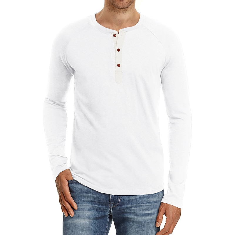 men's fashion casual basic long sleeve henley t-shirts soft tee shirts slim fit, white, s3