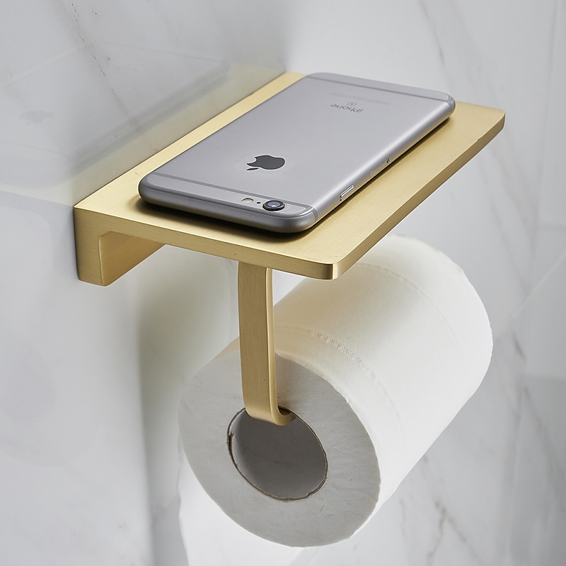 Toilet Paper Holder Creative Metal Bathroom Shelf with Mobile Phone Storage Shelf Wall Mounted Brushed Gold 1PC4