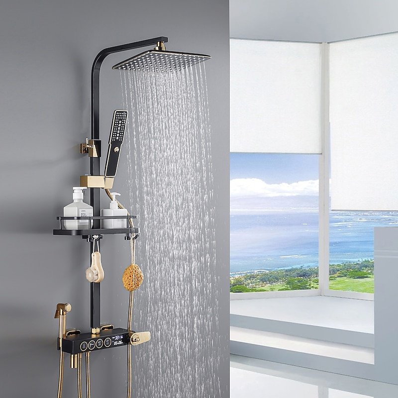 Shower Faucet,Shower System/Rainfall Shower Head System/Thermostatic Mixer valve Set Handshower Included pullout Rainfall Shower Electroplated Mount Outside Bath Shower Mixer Taps3