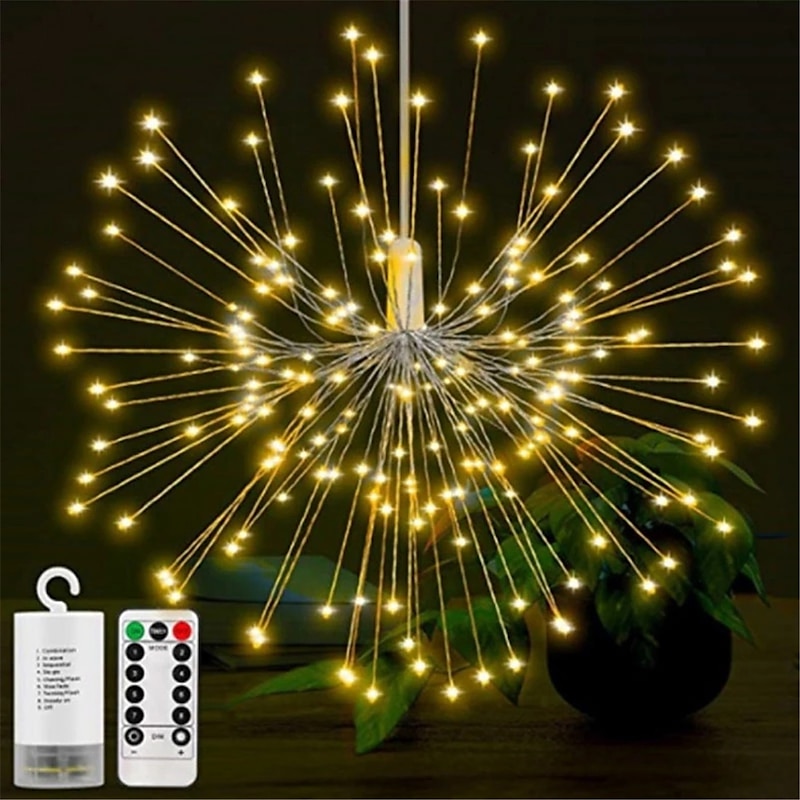 Firework Lights 150 LED Starburst Lights Copper Wire Lights 8 Modes Battery Operated Fairy Lights with Remote Warm White Hanging Christmas Lights for Party Patio Bedroom Decoration2