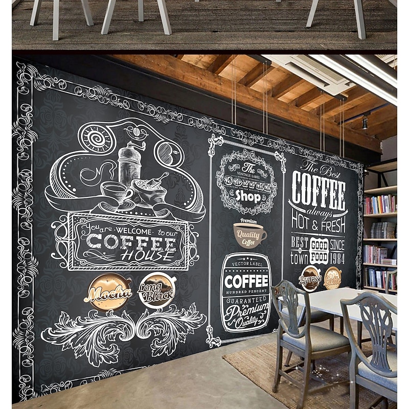 Coffee Cafe Mural Wallpaper Wall Sticker Covering Print Peel and Stick Self Adhesive Removable for Coffee Cafe Blackboard Canvas Home Décor Multiple Size4