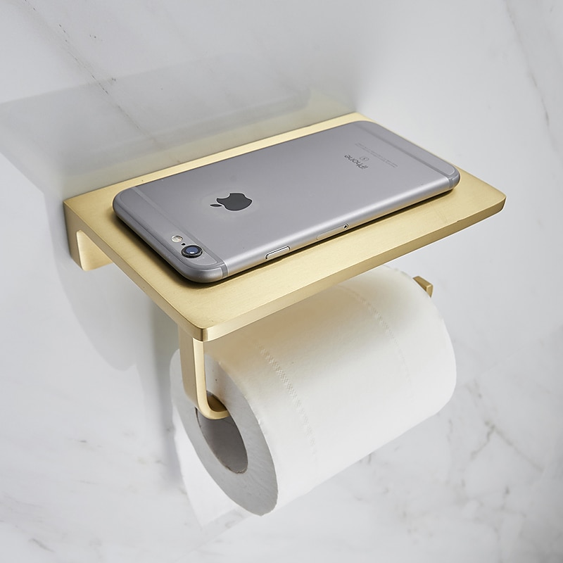 Toilet Paper Holder Creative Metal Bathroom Shelf with Mobile Phone Storage Shelf Wall Mounted Brushed Gold 1PC