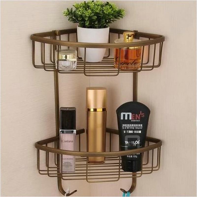 Multifunction Bathroom Corner Shelf with 2 Hooks Aluminum 2 Tiers Storage Rack for Toilet 1pc3