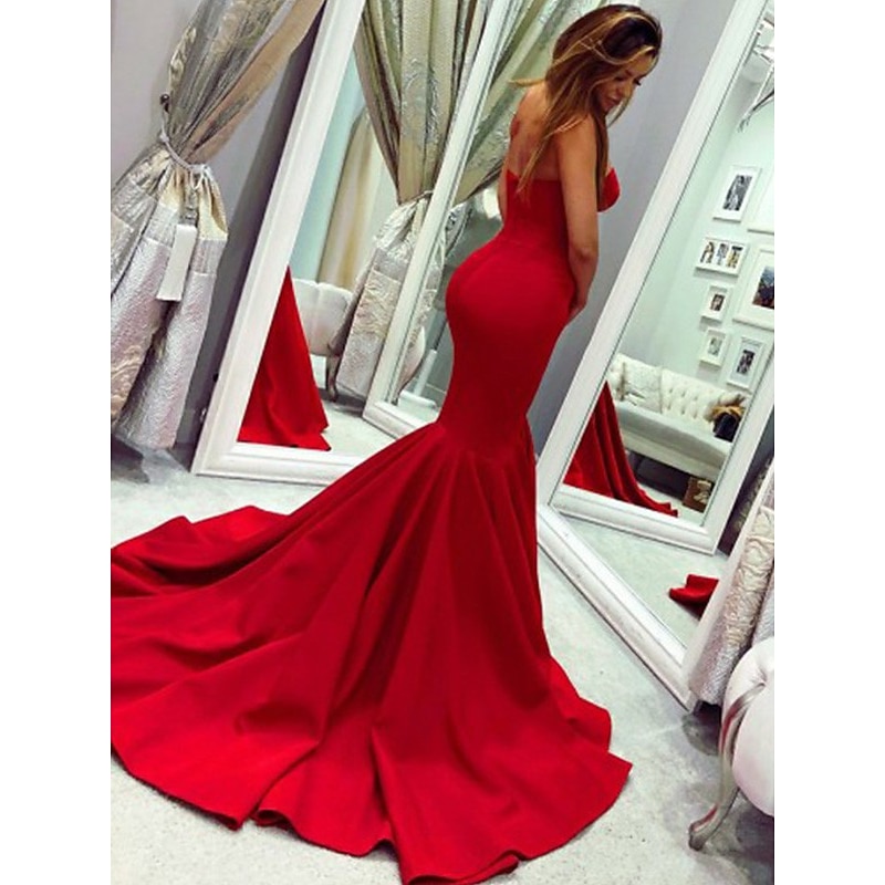 Mermaid Evening Gown Minimalist Dress Valentine's Day Wedding Guest Court Train Sleeveless Strapless Stretch Fabric with Pleats Masquerade Dress3