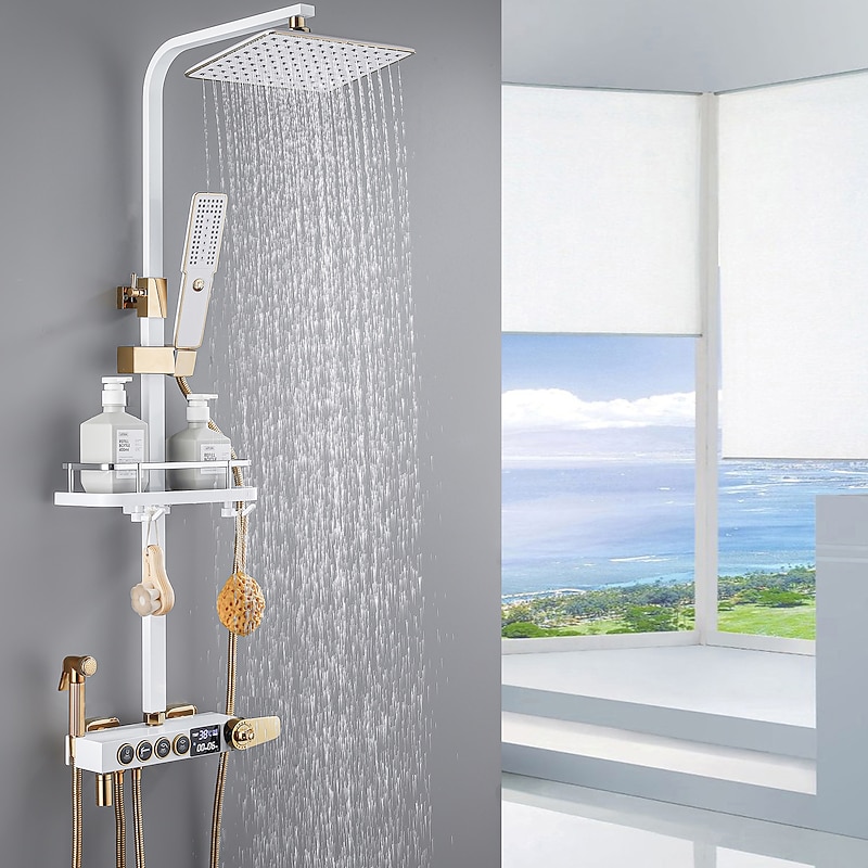 Shower Faucet,Shower System/Rainfall Shower Head System/Thermostatic Mixer valve Set Handshower Included pullout Rainfall Shower Electroplated Mount Outside Bath Shower Mixer Taps2