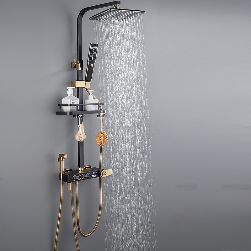 Shower Faucet,Shower System/Rainfall Shower Head System/Thermostatic Mixer valve Set Handshower Included pullout Rainfall Shower Electroplated Mount Outside Bath Shower Mixer Taps4