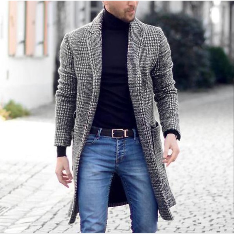 Men's Winter Coat Overcoat Business Casual Fall Winter Polyester Outerwear Clothing Apparel Houndstooth Notch lapel collar Open Front