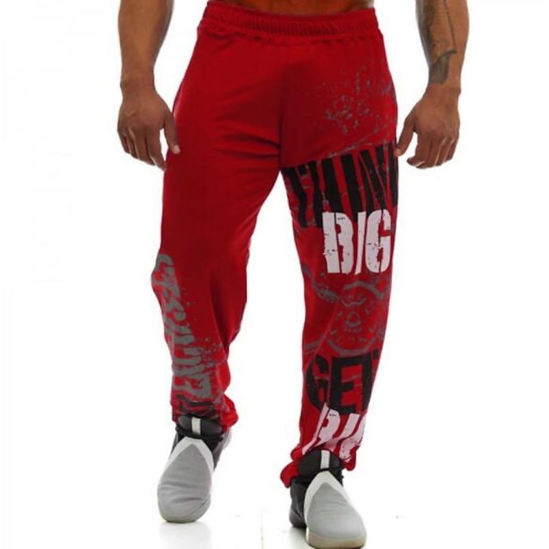 Men's Sweatpants Trousers Drawstring Elastic Waist Solid Colored Full Length Active Black Red