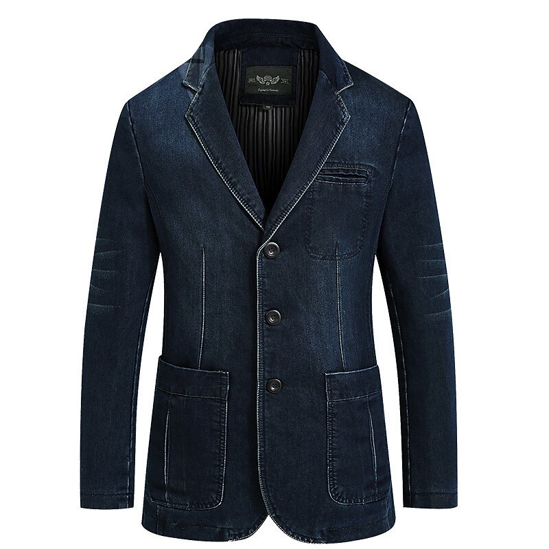 Men's Blazer Denim Jacket Jean Jacket Sport Jacket Sport Coat Going out Button Down Collar Casual Daily Jacket Outerwear Solid Color Light Blue Navy Blue / Cotton / Cotton2