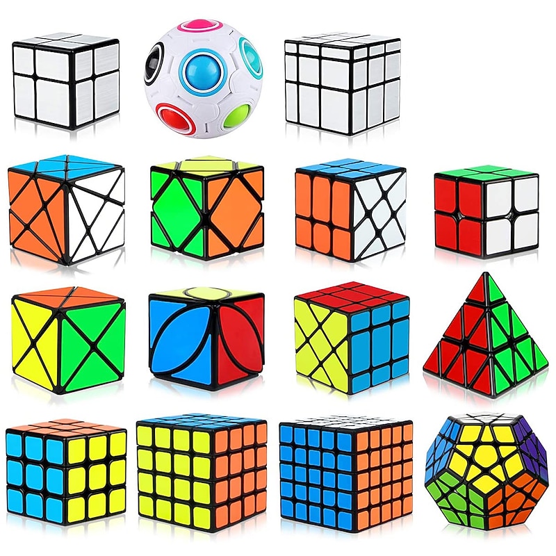 Speed Cube Set, 15 Pack Cube Bundle 2x2 4x4 5x5 Megaminx Pyramid Skew Ivy Windmill Fisher Axis Dino Mirror Cube Magic Rainbow Ball Sticker Cube Puzzle Collection for Festive - Main Image