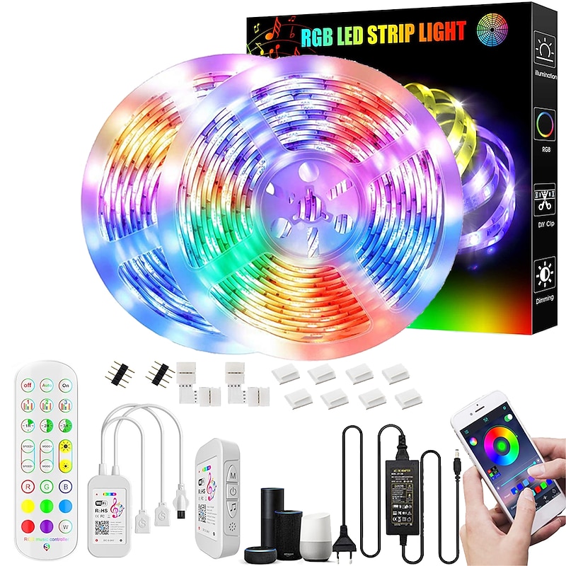 Smart WiFi LED Strip Lights Works with Alexa 32.8ft-10M Tape Light SMD5050 Music Sync Color Changing for Bedroom Kitchen TV Party for iOS Android and 12V Power Supply