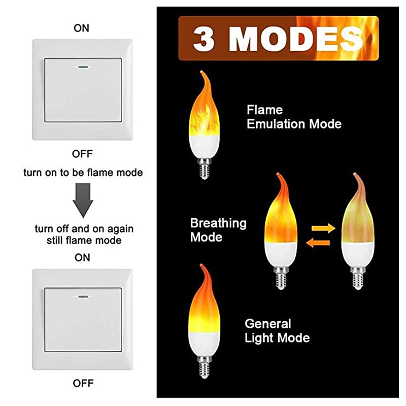 E14 3w Fire Flame Light Bulbs 3 Mode Candelabra  Warm White Chandelie Candle Light for Halloween Christmas Party Decorations C35 C35L 85-265V3