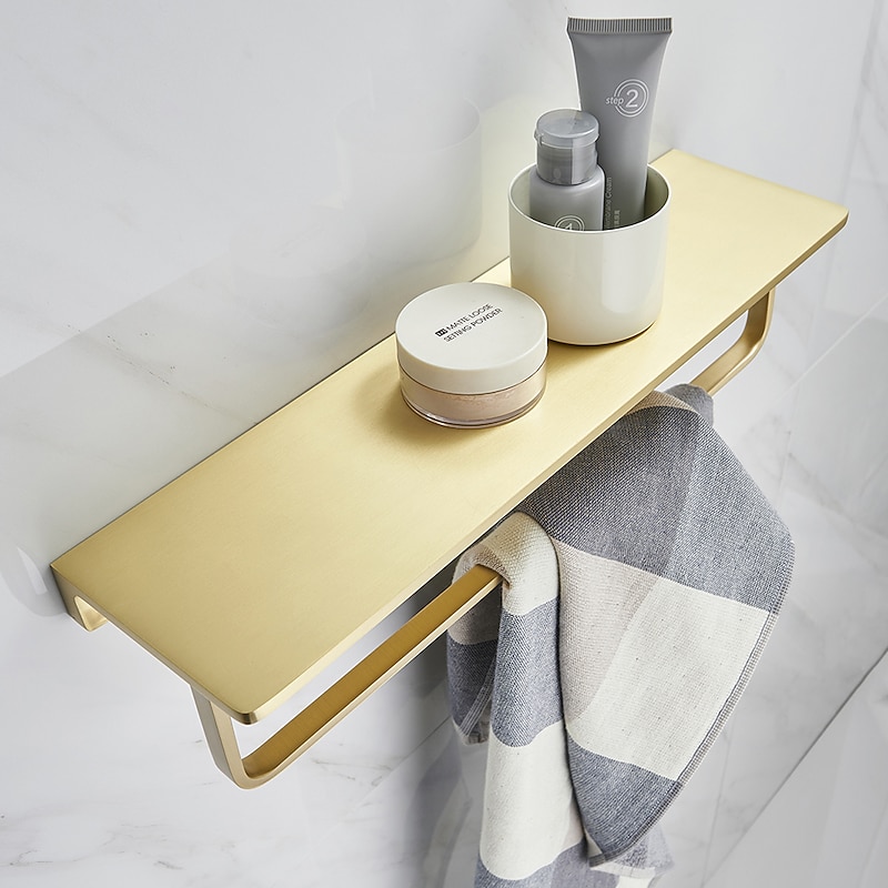 Towel Rack New Design Brass Wall Mounted Multifunction Bathroom Shelf Brushed Golden 1pc