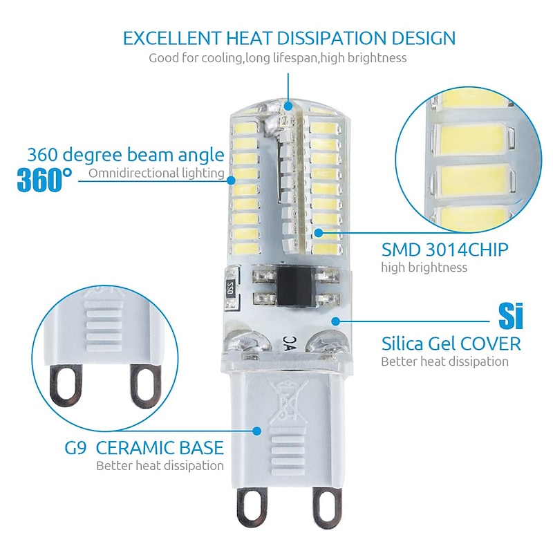 G9 Dimmable LED Bi-pin Corn Light Bulb 72LED 600LM 5W 3014SMD Warm Cool White 360° Beam Angle Chandelier Lamp 40W Halogen Equivalent AC110V AC220V4