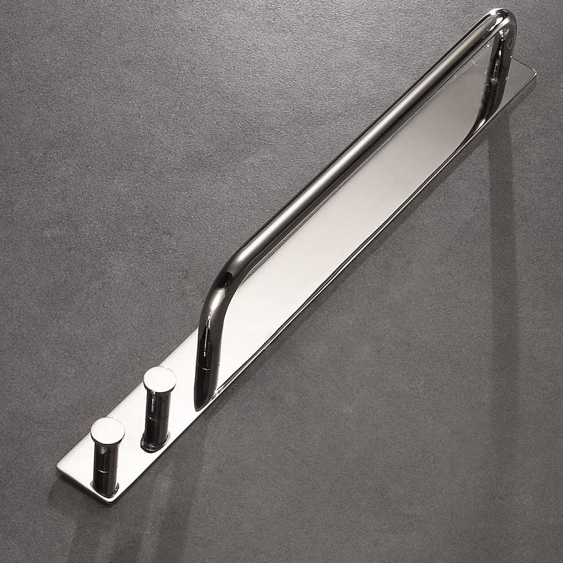 Bathroom Shelf with 2 Hooks Multifunctional Towel Bar Self-adhesive Wall Mounted Stainless Steel Silvery 1pc3