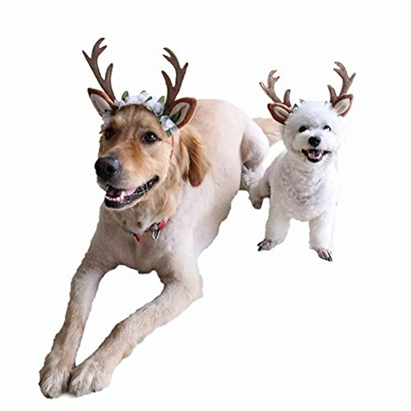 Dog Cat Xmas Costume Reindeer Headband Costume With Flowers Holiday Carnival Adjustable Elk Antlers Ears Wearable Headgear Holiday Party Costume For Cats Small/medium/large Dogs