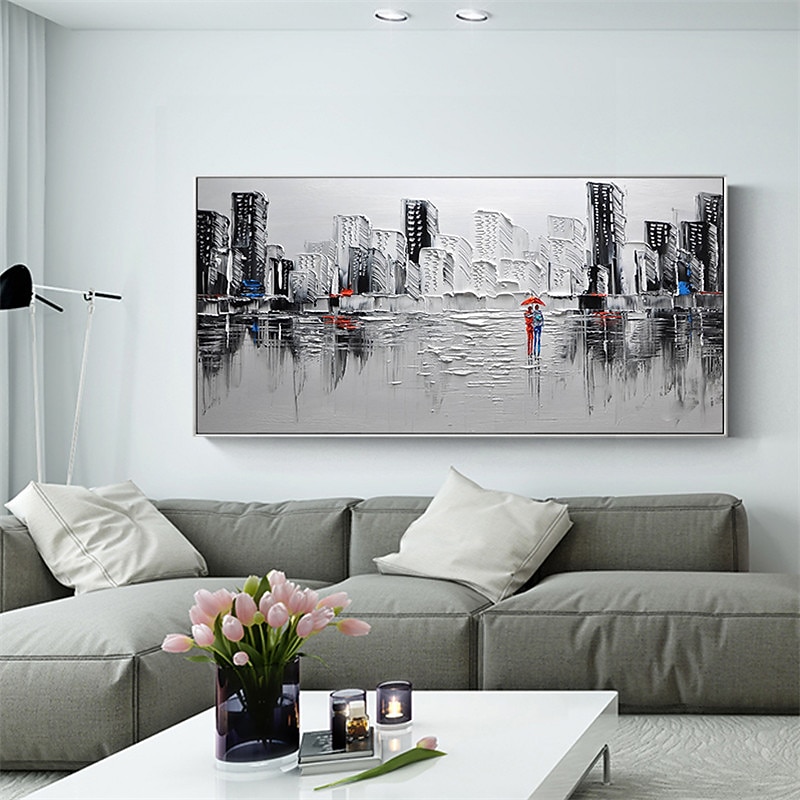 Oil Painting Handmade Hand Painted Wall Art On Canvas Horizontal Panoramic City People Abstract Modern Home Decoration Decor Rolled Canvas No Frame Unstretched3
