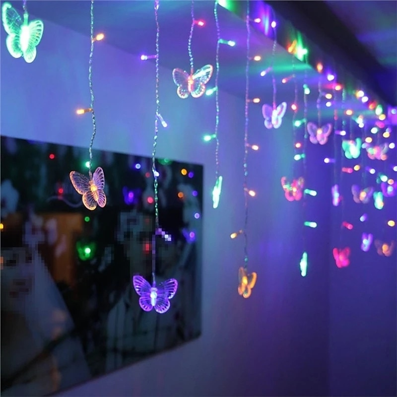 Elegant Wedding Reception Party 3.5M Butterfly Shape LED String Strip Light 96 LED Icicle Curtain Lights Christmas Wedding Holiday Bedroom Decoration Lamp 110V 220V EU Plug US Plug