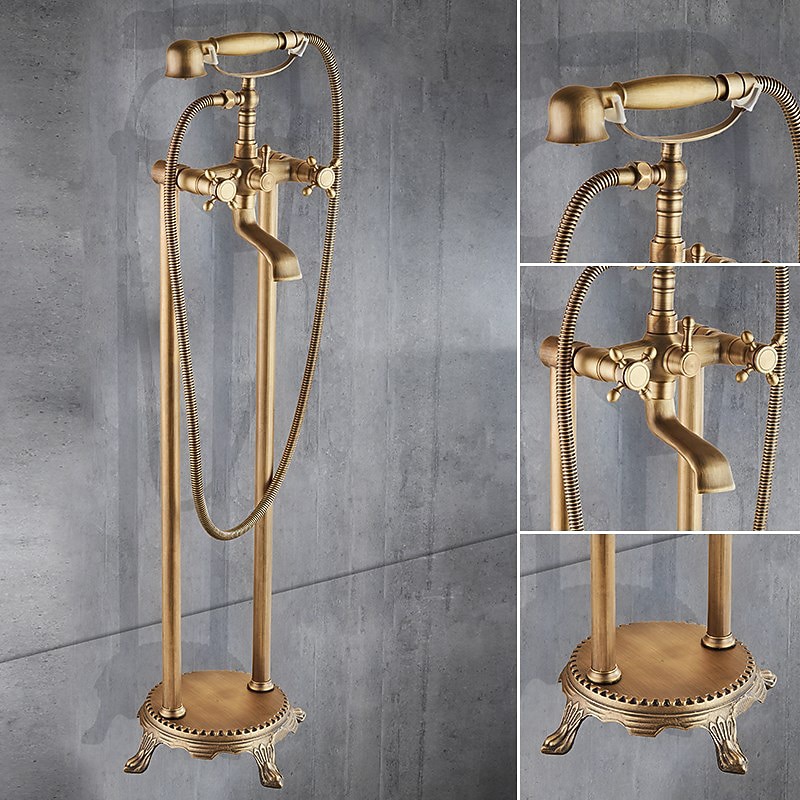 Bathtub Faucet Floor Mounted, Brass Retro Style Telephone Shape Brass Electroplated Finish Two Handles Two Holes Shower Faucet with Handshower and Drain