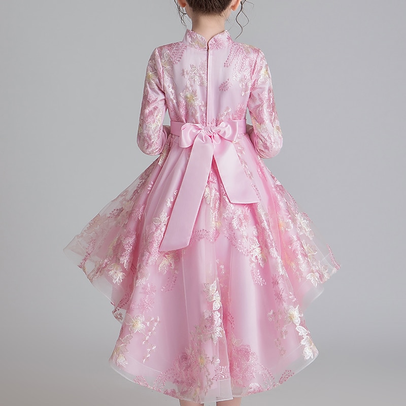 Kids Girls' Dress Floral Long Sleeve Performance Daily Holiday Bow Cute Sweet Polyester Above Knee Tulle Dress Pink Beige2