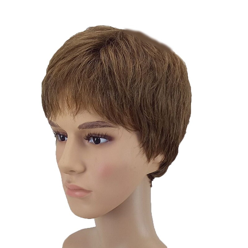 Synthetic Wig Toupees Straight Pixie Cut Wig Short Light Brown Lace Synthetic Hair 8 inch Men's Heat Resistant Brown hairjoy3