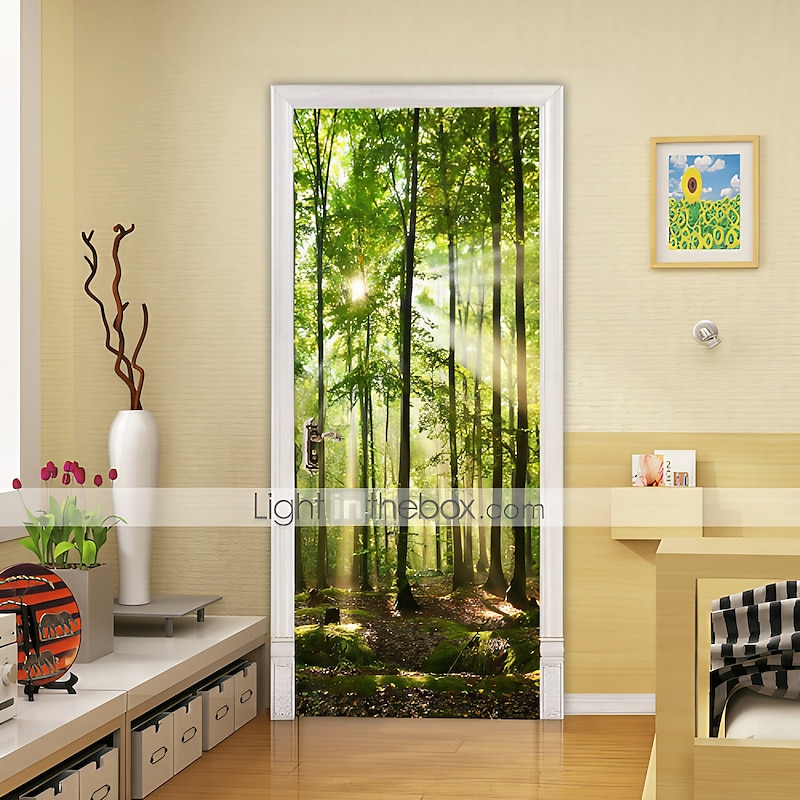 2pcs Self-adhesive Creative Waterproof Green Wood Door Stickers For Living Room Diy Decoration Home Waterproof Wall Stickers 30.3“x78.7“(77x200cm)