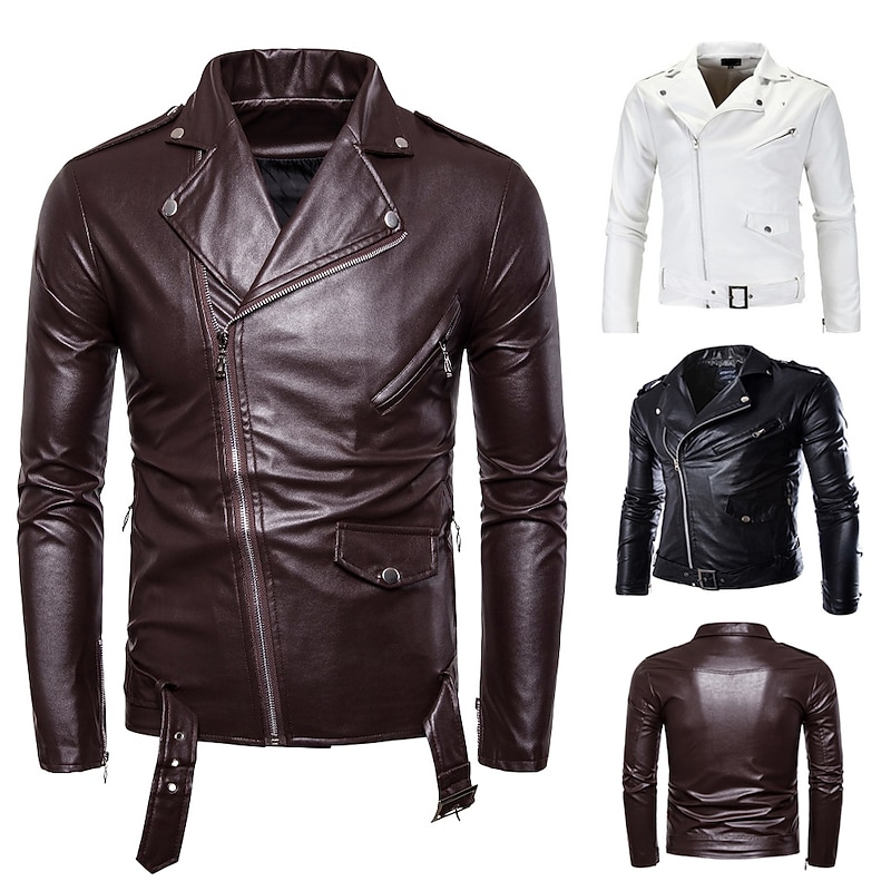 Men's Faux Leather Jacket Transition Jacket Biker Jacket Patent Leather Jacket Party Work Thermal Warm Rain Waterproof Fall Color Block Solid Colored Streetwear Punk & Gothic Notch lapel collar