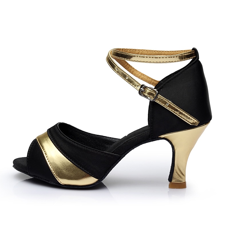 Women's Black and Gold Latin Dance Heels with Ankle Strap and Open Toe, Elegant Performance Shoes for Ballroom and Salsa Practice3
