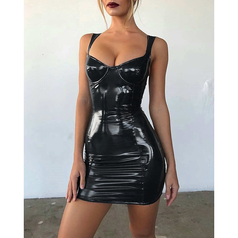 FormalLeather Homecoming Party Wear Club Dress Low Cut Sleeveless Short / Mini Bodycon Dress Spandex with Sleek  dress to impress2