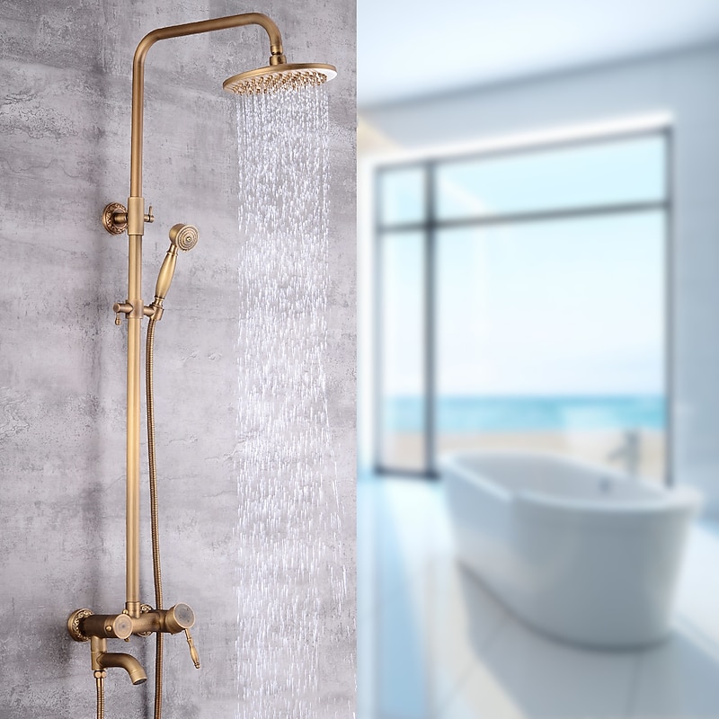 Shower Faucet,Shower System Set Handshower Included pullout Waterfall Vintage Style/Country Brass Mount Outside Ceramic Valve Bath Shower Mixer Taps2