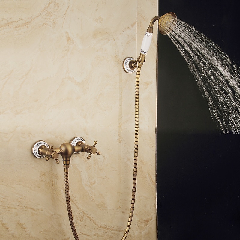 Brass Shower Faucet Set,Two Handles One Hole  Wall Installation Waterfall Portable Spray Pull out Handshower with Cold/Hot Water2