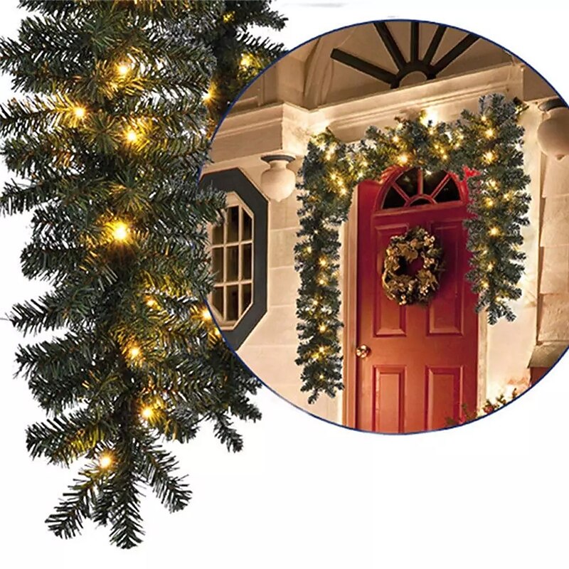 Christmas Rattan Garland 2.7M LED Lighted Staircase Decoration Outdoor Winter Wreath Window Wall Decoration Decorative Green Christmas Garland Artificial Xmas Tree Rattan Banner Decoration
